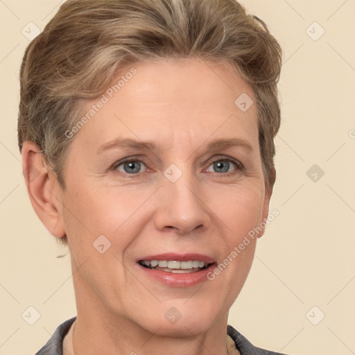 Joyful white adult female with short  brown hair and brown eyes