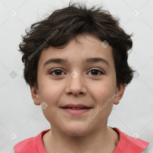 Joyful white child female with short  brown hair and brown eyes