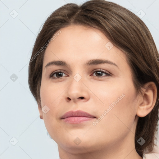 Neutral white young-adult female with medium  brown hair and brown eyes