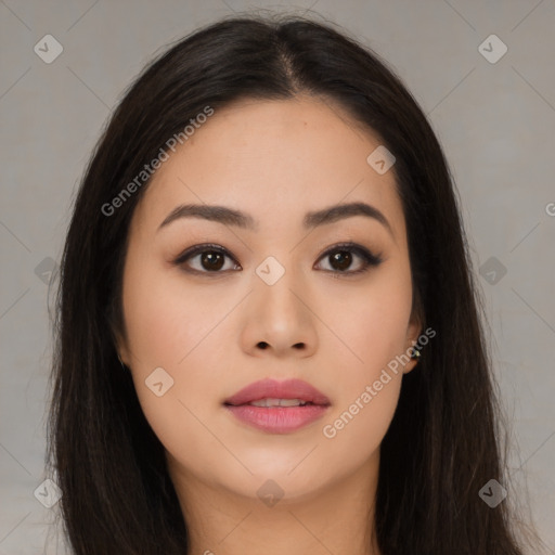 Neutral asian young-adult female with long  brown hair and brown eyes