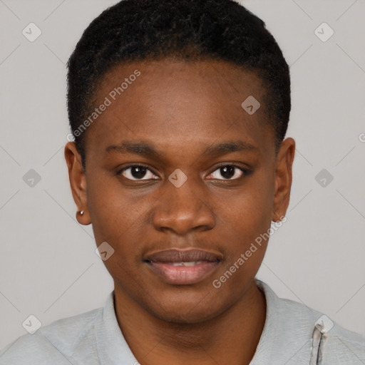 Joyful black young-adult male with short  brown hair and brown eyes