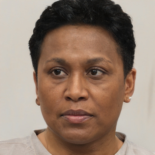 Neutral black adult female with short  black hair and brown eyes