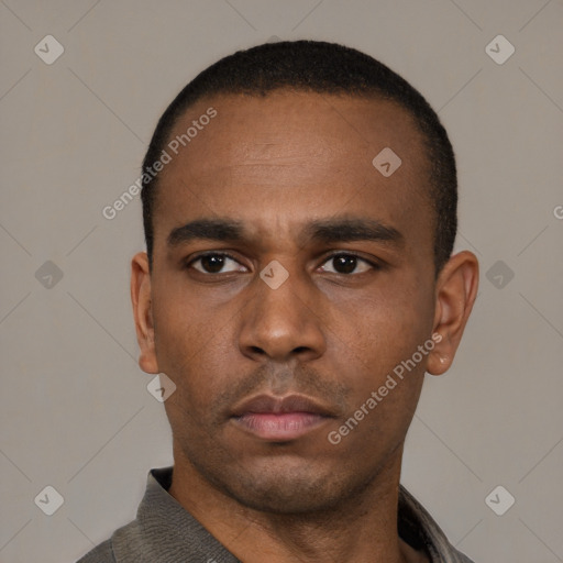 Neutral latino adult male with short  black hair and brown eyes