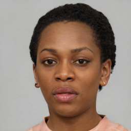 Neutral black young-adult female with short  black hair and brown eyes