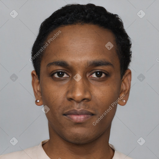 Neutral black young-adult male with short  black hair and brown eyes