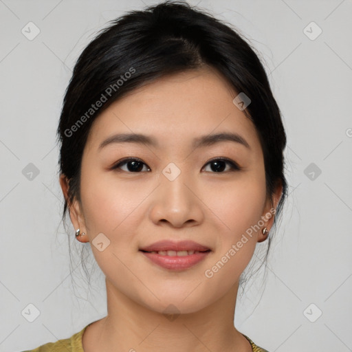 Joyful asian young-adult female with medium  black hair and brown eyes