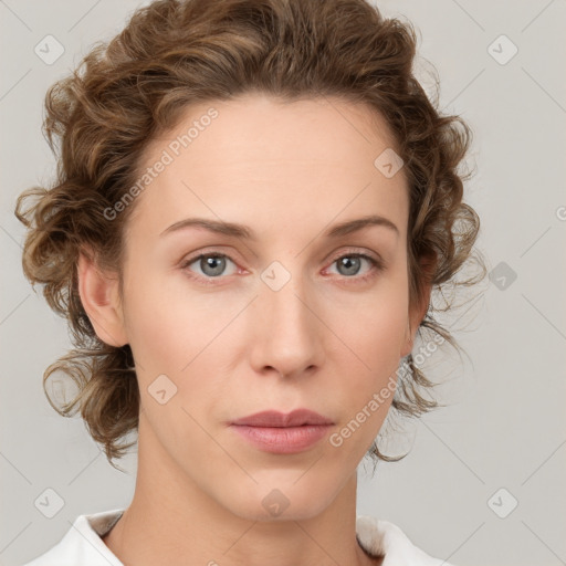 Neutral white young-adult female with medium  brown hair and grey eyes