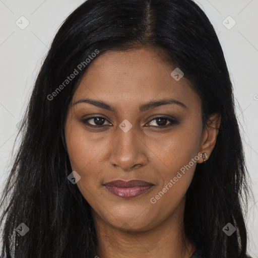 Joyful asian young-adult female with long  black hair and brown eyes
