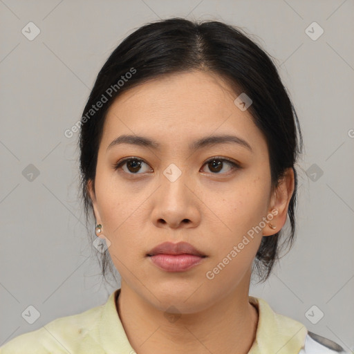 Neutral asian young-adult female with medium  black hair and brown eyes