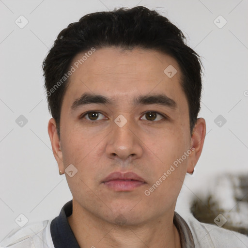 Neutral latino young-adult male with short  black hair and brown eyes