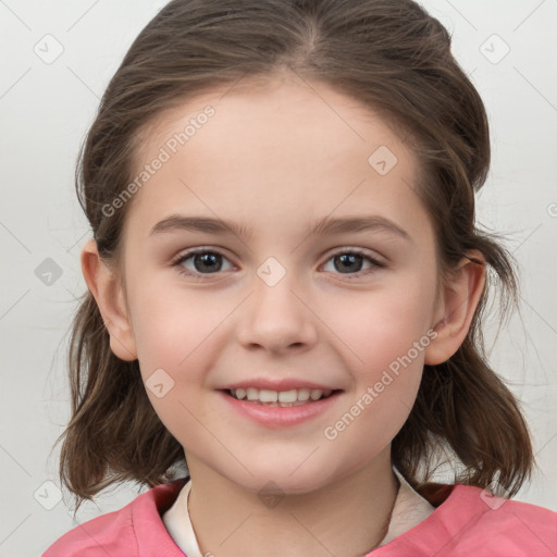 Joyful white child female with medium  brown hair and brown eyes