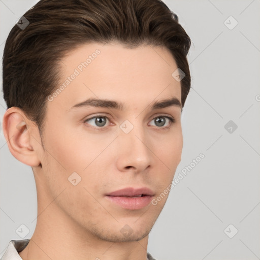 Neutral white young-adult male with short  brown hair and brown eyes