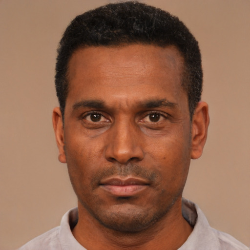 Neutral black adult male with short  black hair and brown eyes