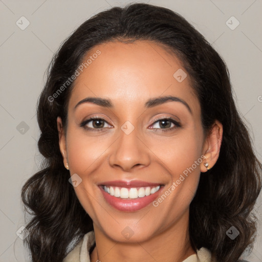 Joyful latino young-adult female with medium  brown hair and brown eyes