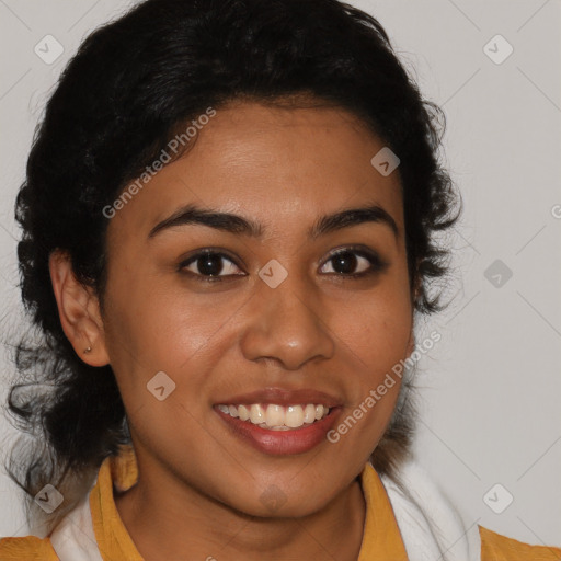 Joyful latino young-adult female with medium  brown hair and brown eyes