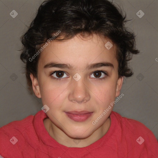 Joyful white child female with short  brown hair and brown eyes