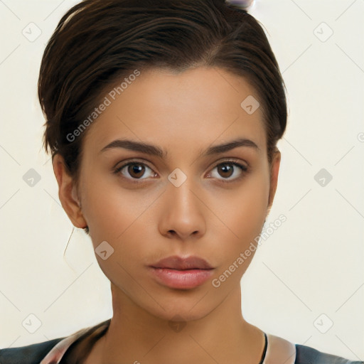 Neutral white young-adult female with medium  brown hair and brown eyes