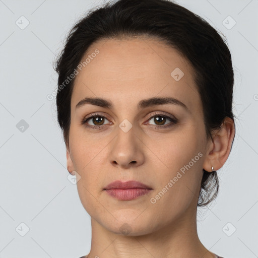 Neutral white young-adult female with short  brown hair and brown eyes