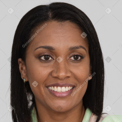 Joyful latino young-adult female with medium  brown hair and brown eyes