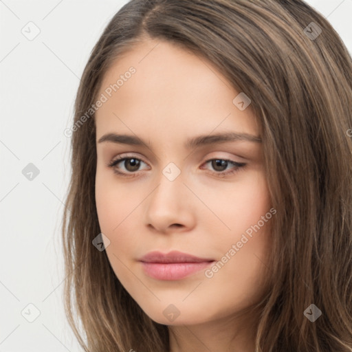 Neutral white young-adult female with long  brown hair and brown eyes