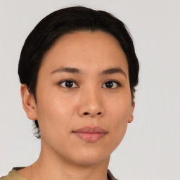 Neutral asian young-adult female with short  black hair and brown eyes