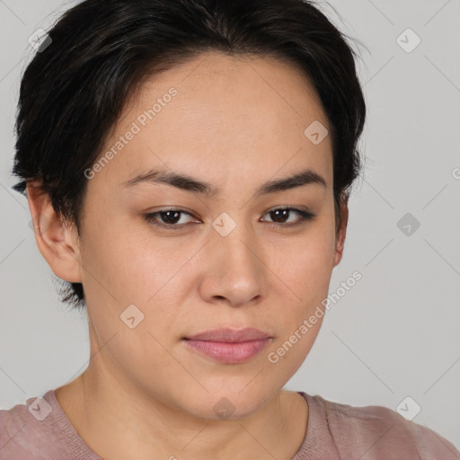 Joyful asian young-adult female with short  brown hair and brown eyes