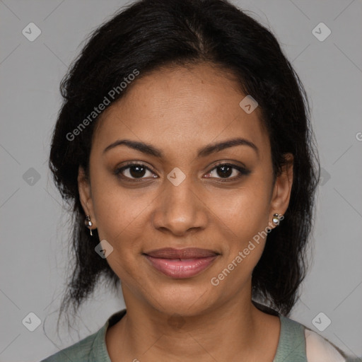 Joyful black young-adult female with medium  brown hair and brown eyes