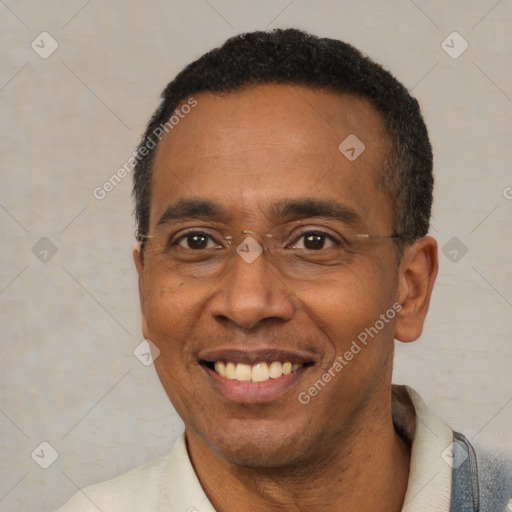 Joyful latino adult male with short  black hair and brown eyes