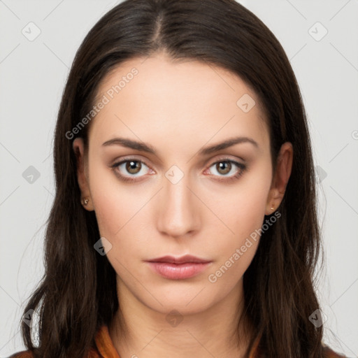 Neutral white young-adult female with long  brown hair and brown eyes