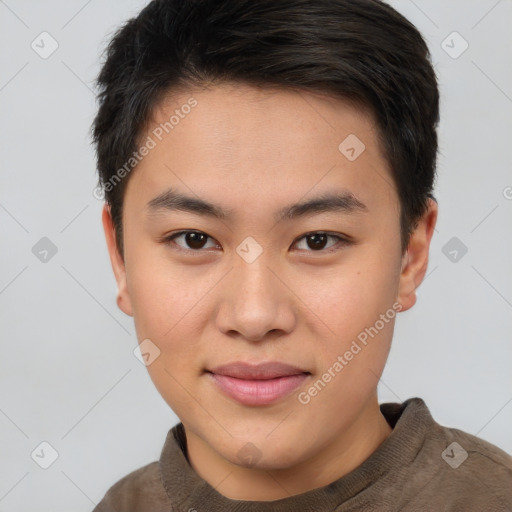 Joyful asian young-adult male with short  brown hair and brown eyes