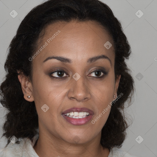 Joyful black young-adult female with medium  brown hair and brown eyes