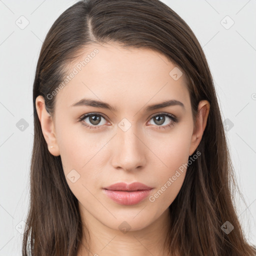 Neutral white young-adult female with long  brown hair and brown eyes