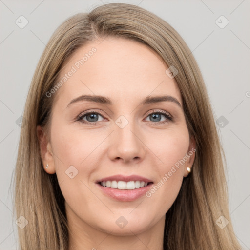 Joyful white young-adult female with long  brown hair and grey eyes