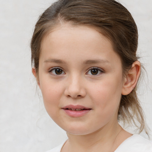 Joyful white child female with medium  brown hair and brown eyes