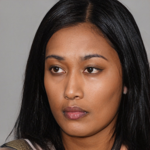 Neutral asian young-adult female with long  black hair and brown eyes