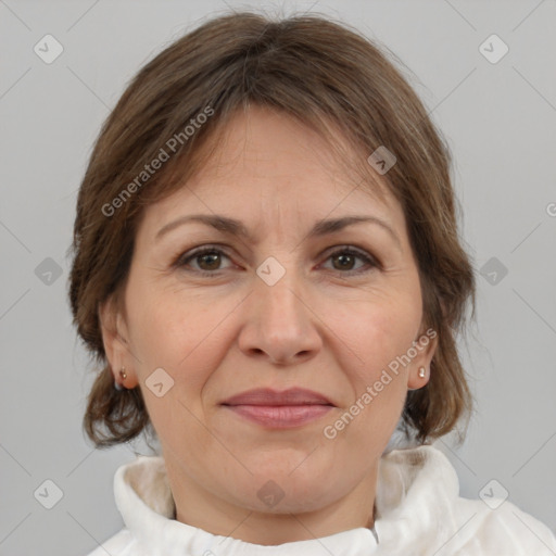 Joyful white adult female with medium  brown hair and brown eyes