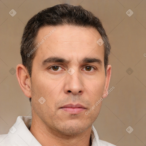 Neutral white adult male with short  brown hair and brown eyes