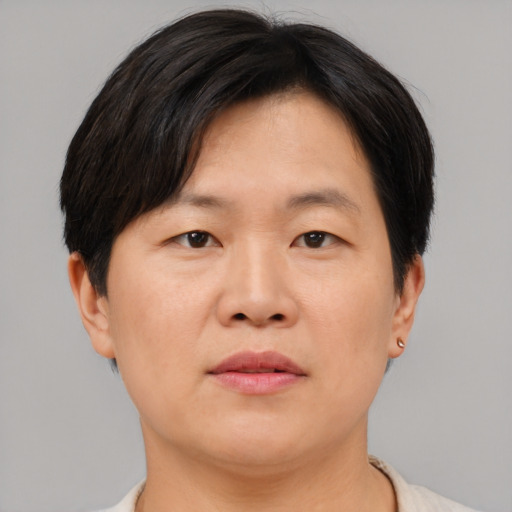 Neutral asian adult male with short  brown hair and brown eyes