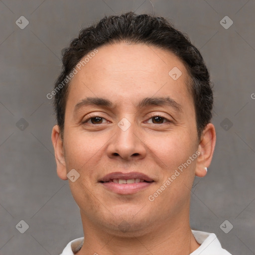 Joyful white adult male with short  brown hair and brown eyes