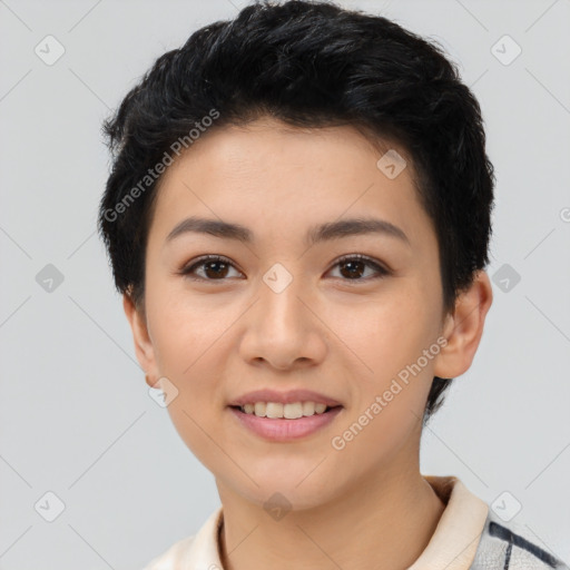 Joyful asian young-adult female with short  black hair and brown eyes