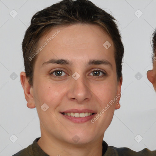 Joyful white young-adult female with short  brown hair and brown eyes