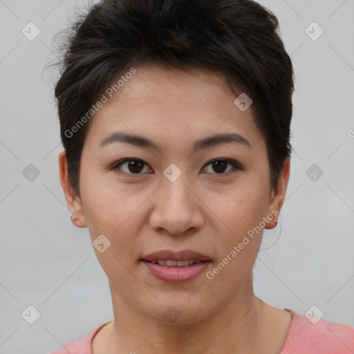 Joyful asian young-adult female with short  brown hair and brown eyes