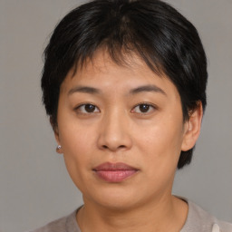 Joyful asian young-adult female with short  brown hair and brown eyes