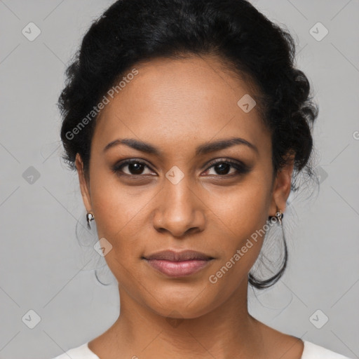 Joyful latino young-adult female with medium  black hair and brown eyes