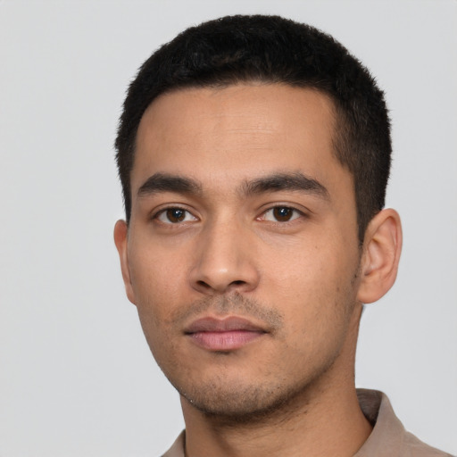 Neutral asian young-adult male with short  black hair and brown eyes