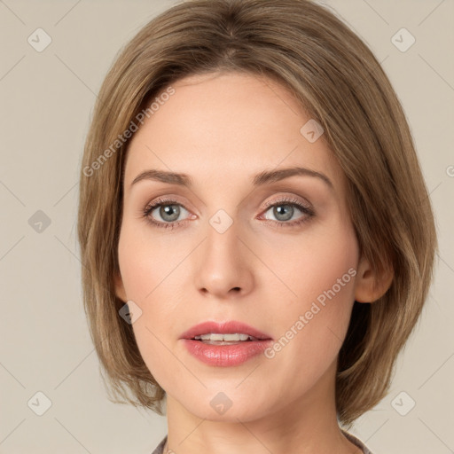 Neutral white young-adult female with medium  brown hair and green eyes