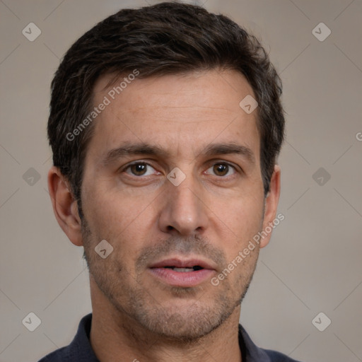 Neutral white adult male with short  brown hair and brown eyes