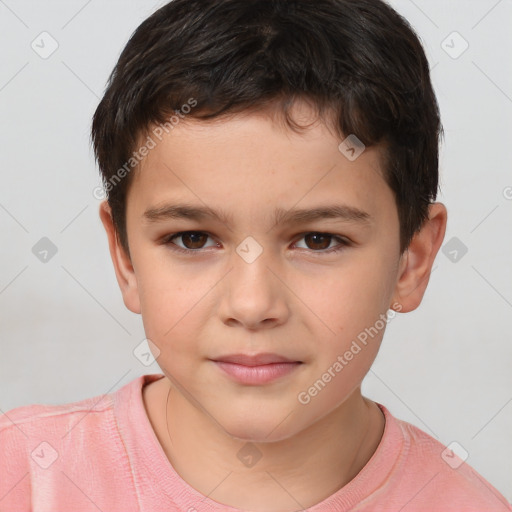 Joyful white child male with short  brown hair and brown eyes