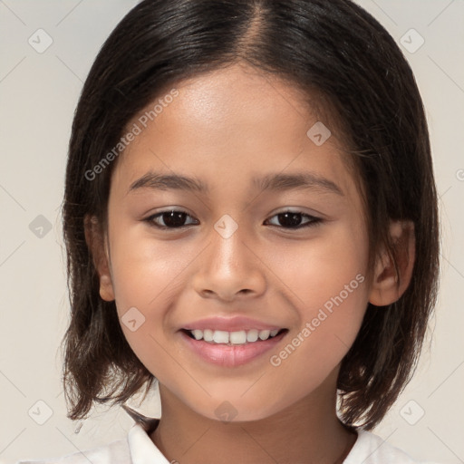 Joyful white child female with medium  brown hair and brown eyes