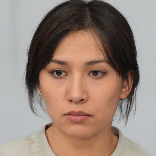 Neutral asian young-adult female with medium  brown hair and brown eyes